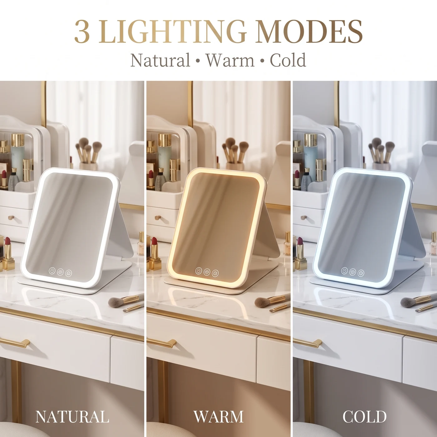 Three mirror light modes: natural, warm, and cold.